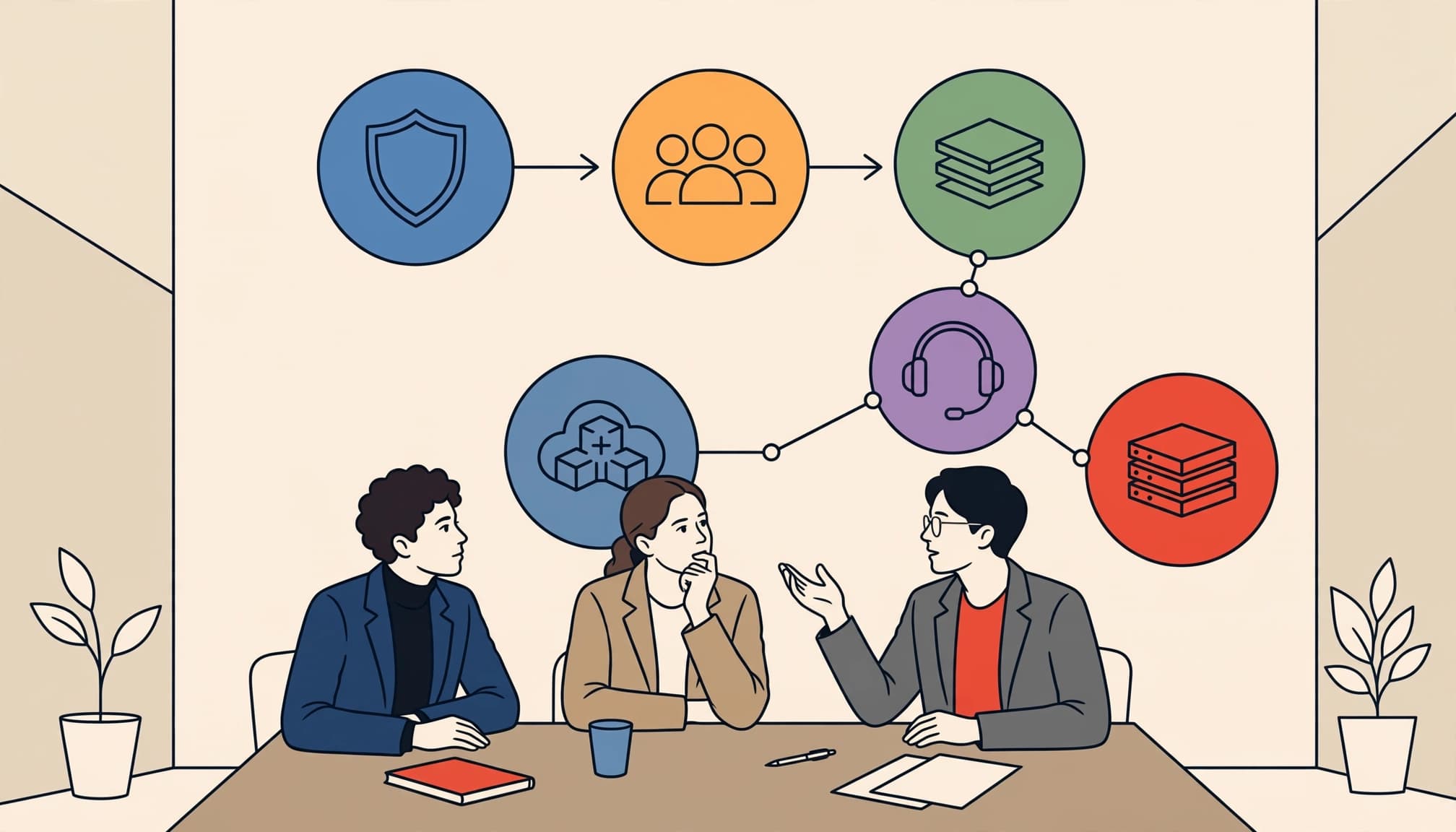 A 2D editorial illustration of three people in a boardroom discussing a decision path with colorful nodes.