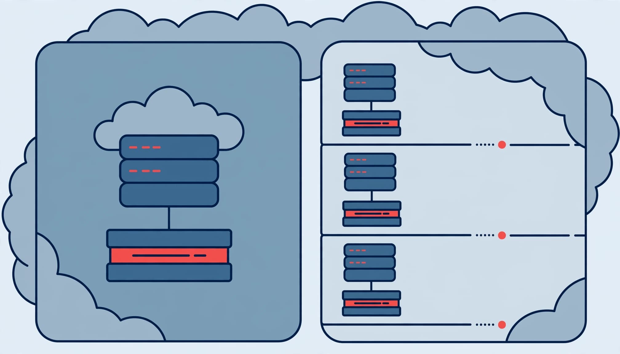 An editorial illustration comparing a single isolated server environment with a shared multi-tenant environment.