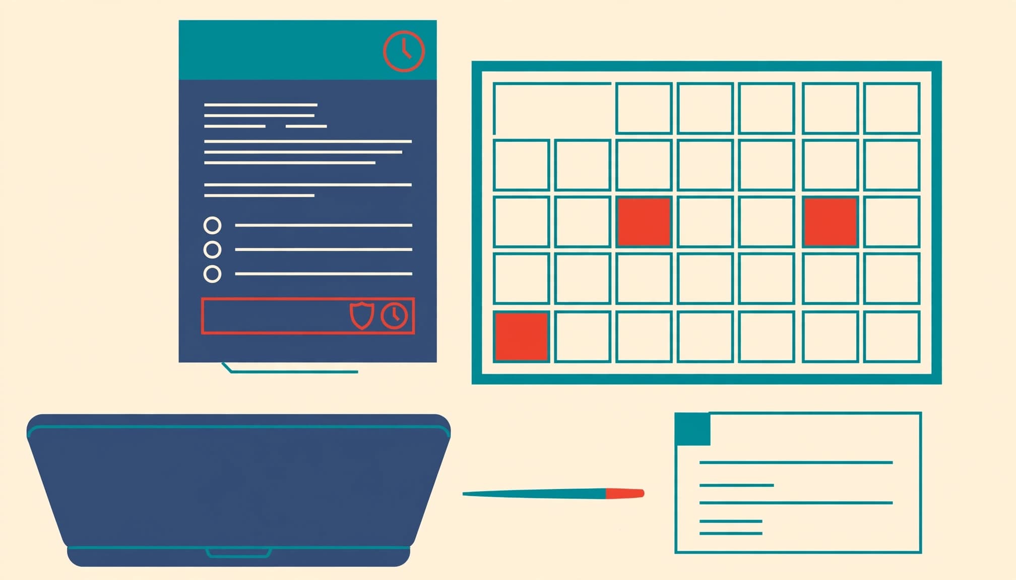A flat 2D editorial illustration of a contract, a calendar with red intervals, a laptop, and an invoice.