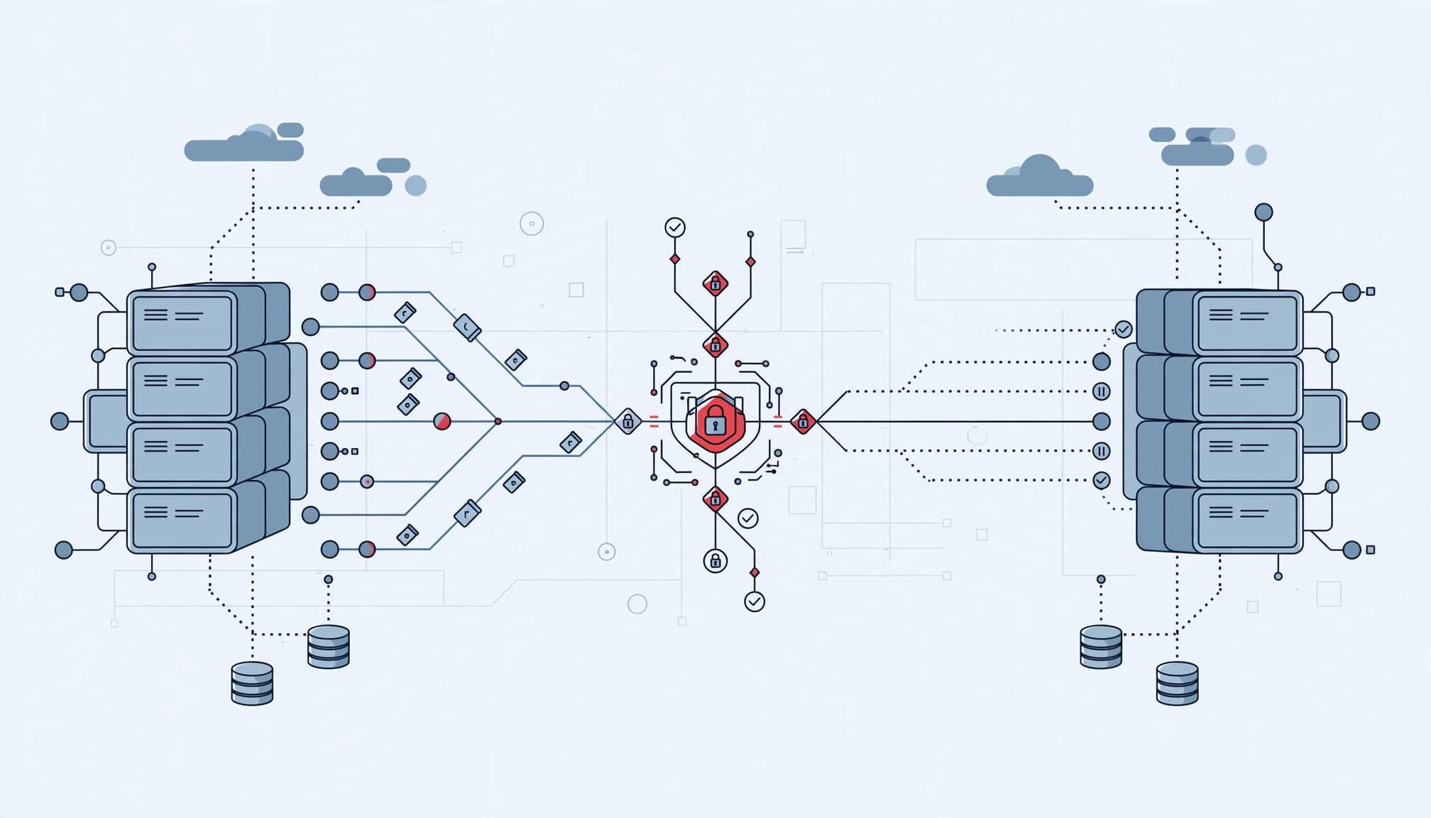 Two server groups connect through a central checkpoint with locks and branching paths.