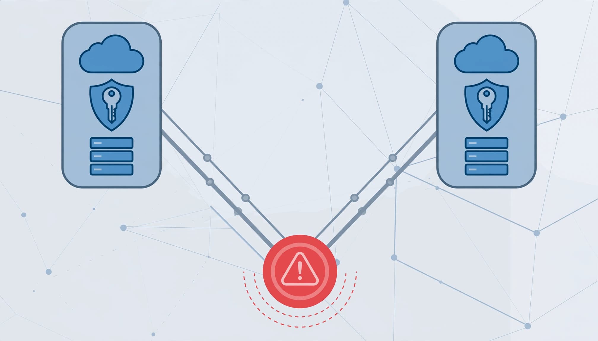 A supply chain map showing two servers connecting to a shared red warning node.