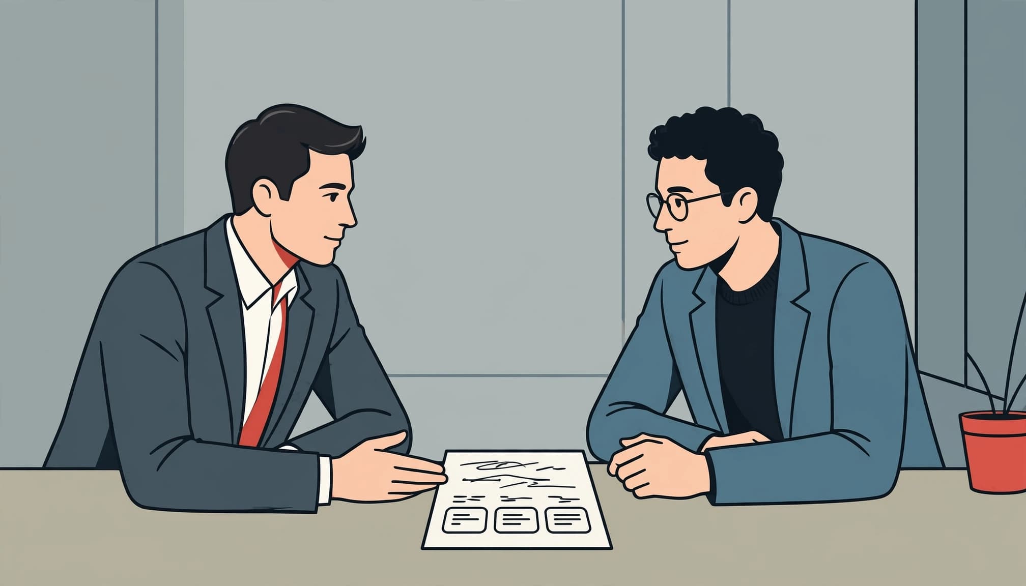 Two people in business attire sit across a table reviewing a contract document.