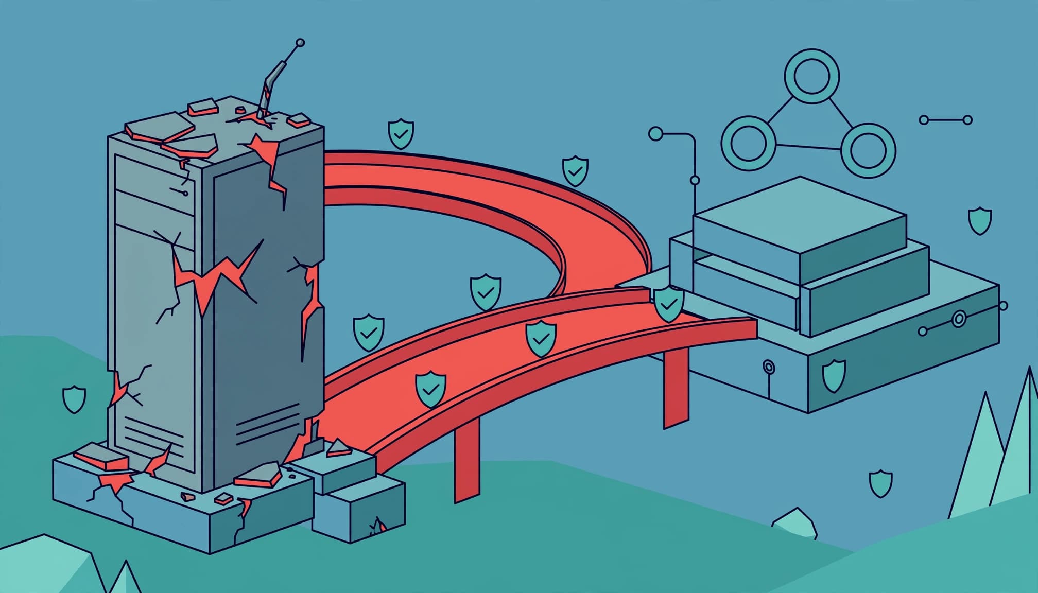 A bridge leads around a cracked server tower toward a modern platform marked with shields.