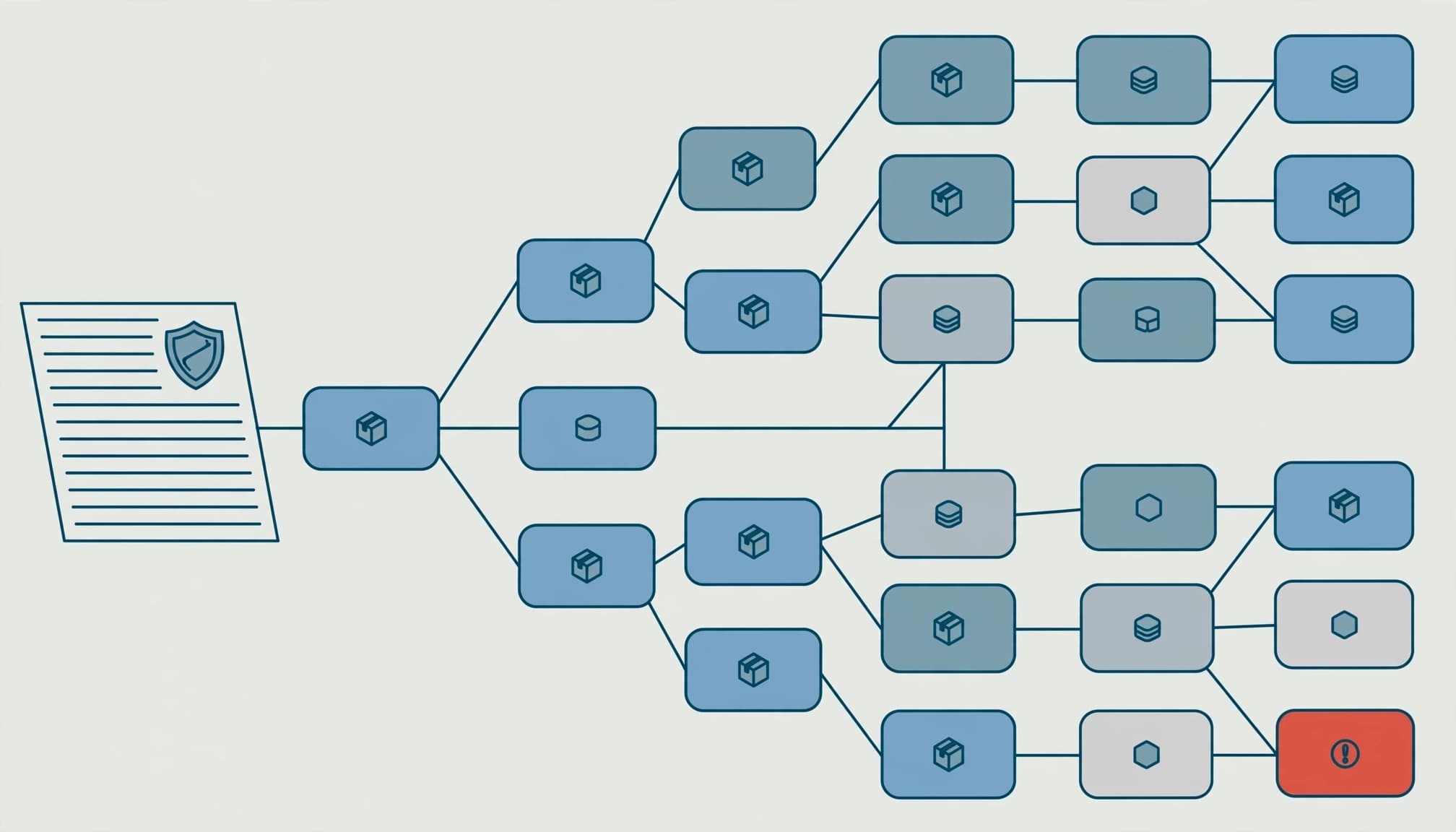 An overhead vector illustration of a branching software dependency tree connected to an inventory sheet.