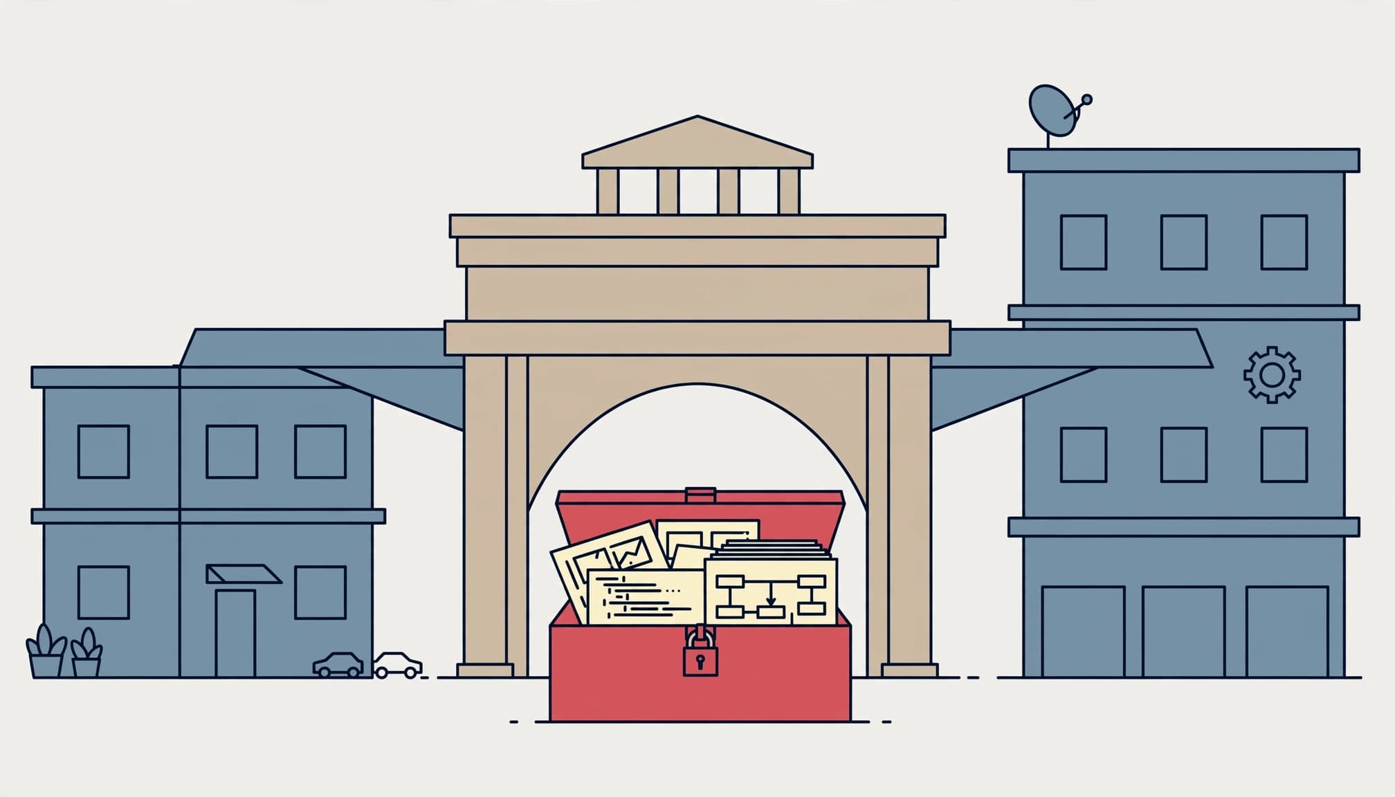 A sealed code archive sits between two office buildings and a bridge-like escrow institution.