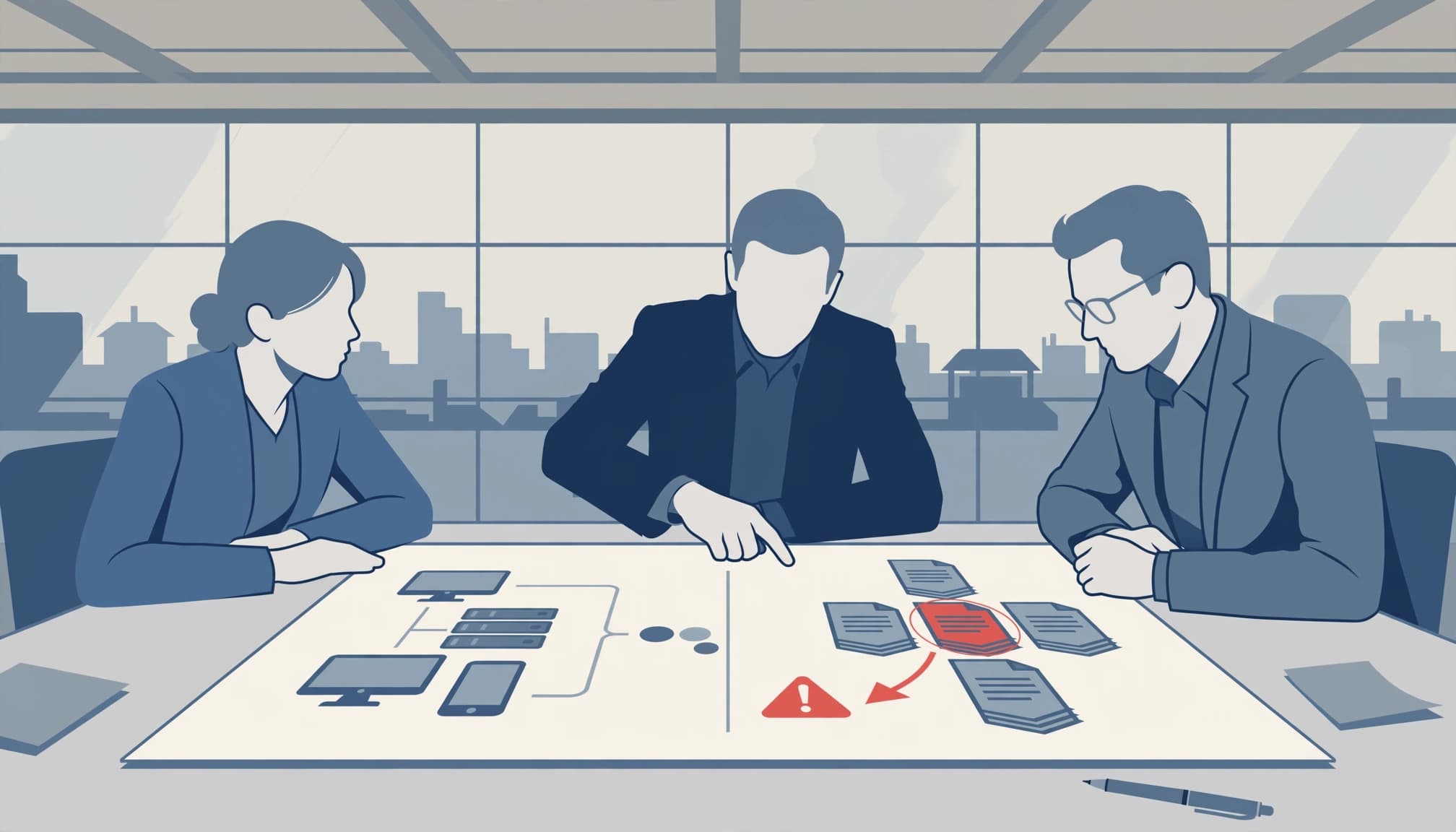 Three executives review a paper software inventory diagram as the CEO points to a discrepancy.