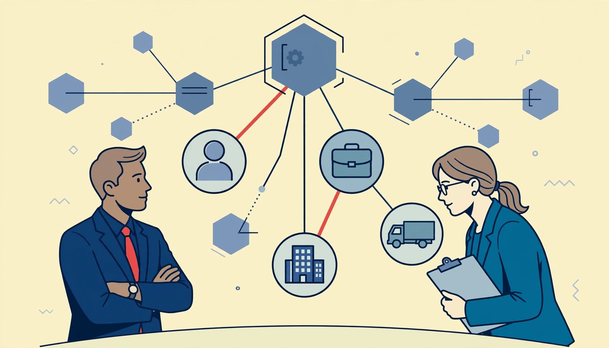 A CEO and legal professional review connected code and contributor nodes.
