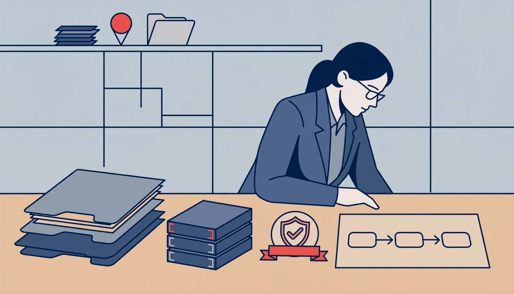 An executive reviews papers with folder, code, and license symbols at a boardroom table.
