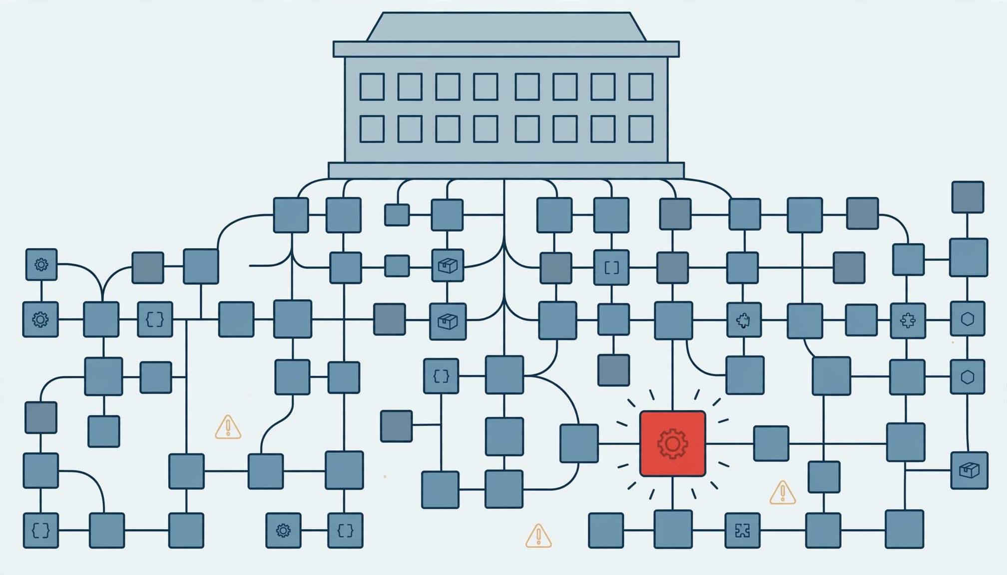 A 2D illustration of a building supported by a branching network of software blocks with one red block.