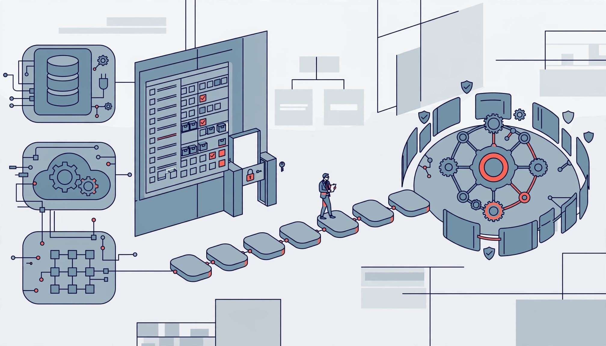 An executive inspects stepping stones linking separate systems to a shared platform.