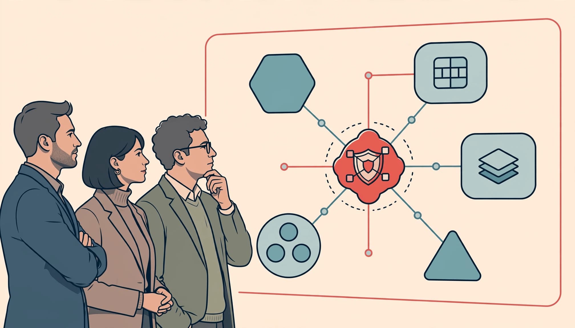Three executives review a shared technology map connecting business units to a central security hub.