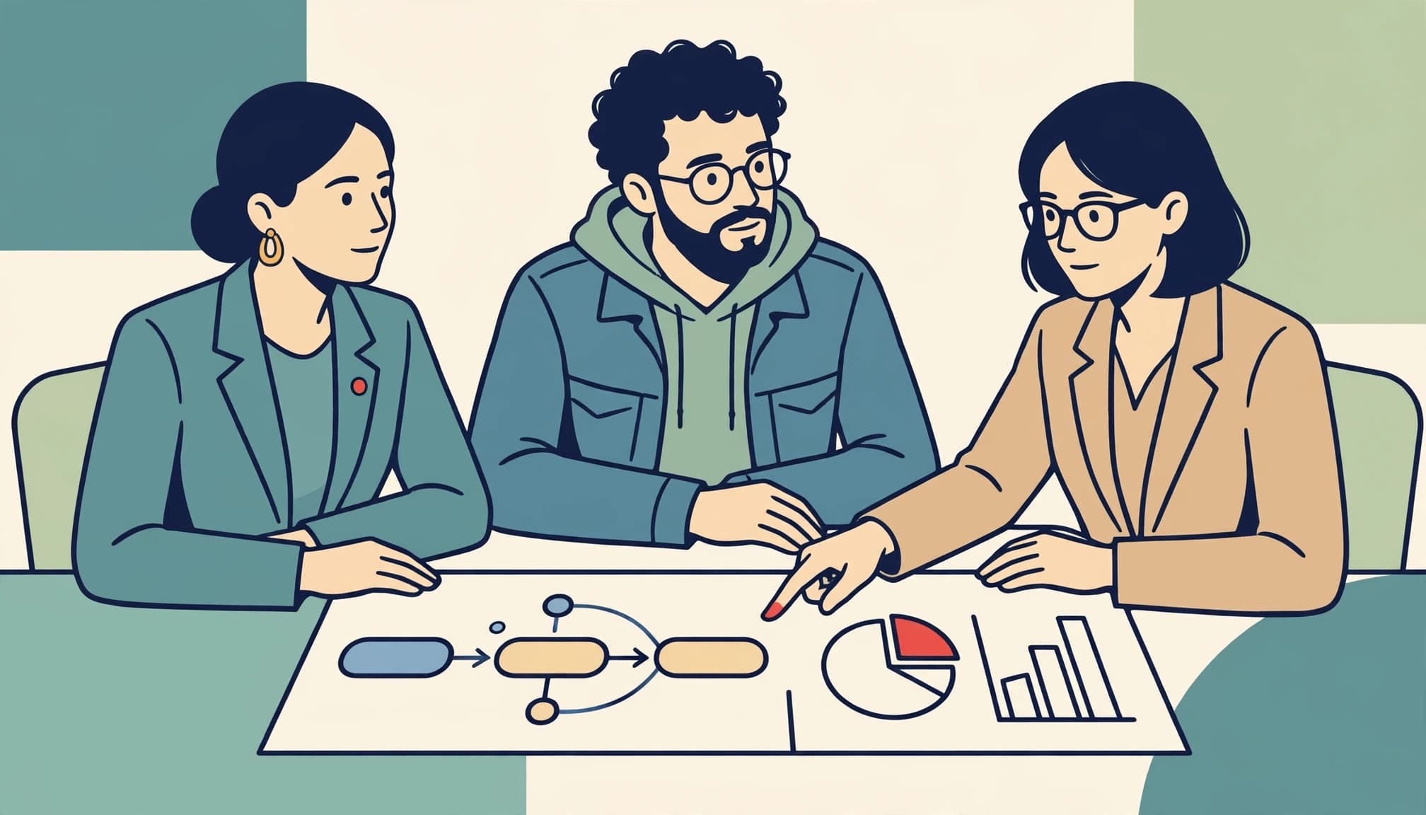 An illustration of three people sitting around a table reviewing a diagram and charts.