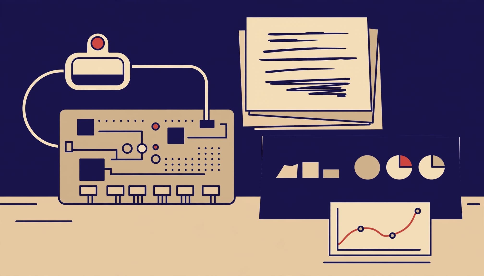 A 2D illustration of a technology prototype, circuit board, notes, and charts on a desk.