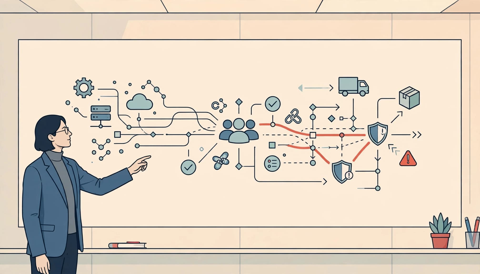 A person in a business suit points toward a large wall diagram showing connected tech icons and pathways.