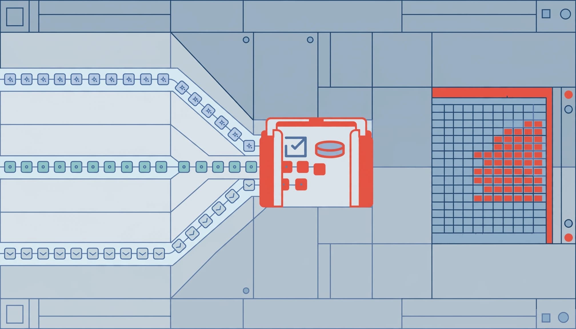 Event tiles pass through a central gateway into a ledger along separate customer lanes.