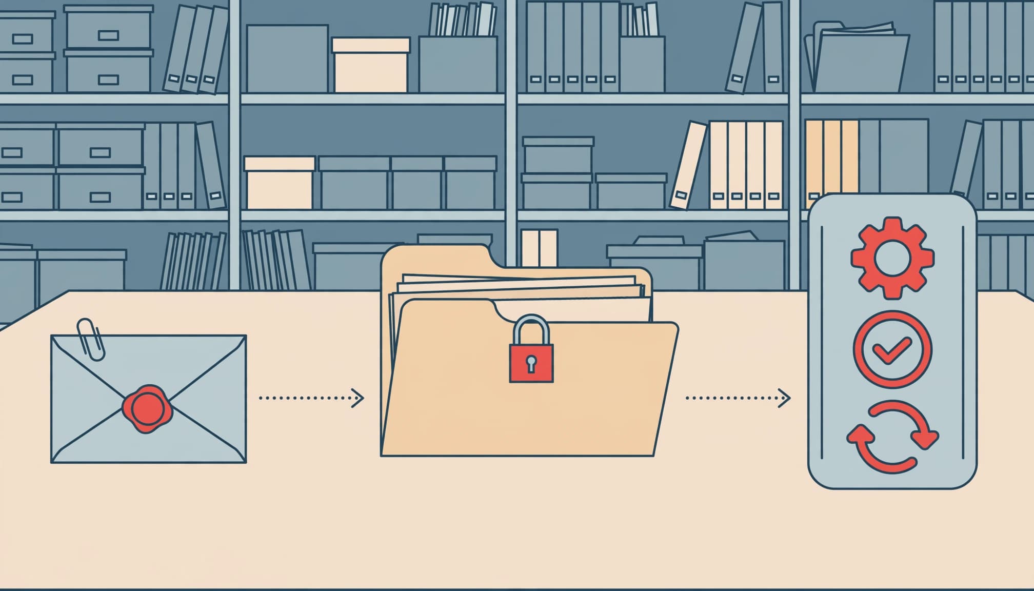 Three audit response stations connect a sealed notice, evidence folder, and remediation icons.