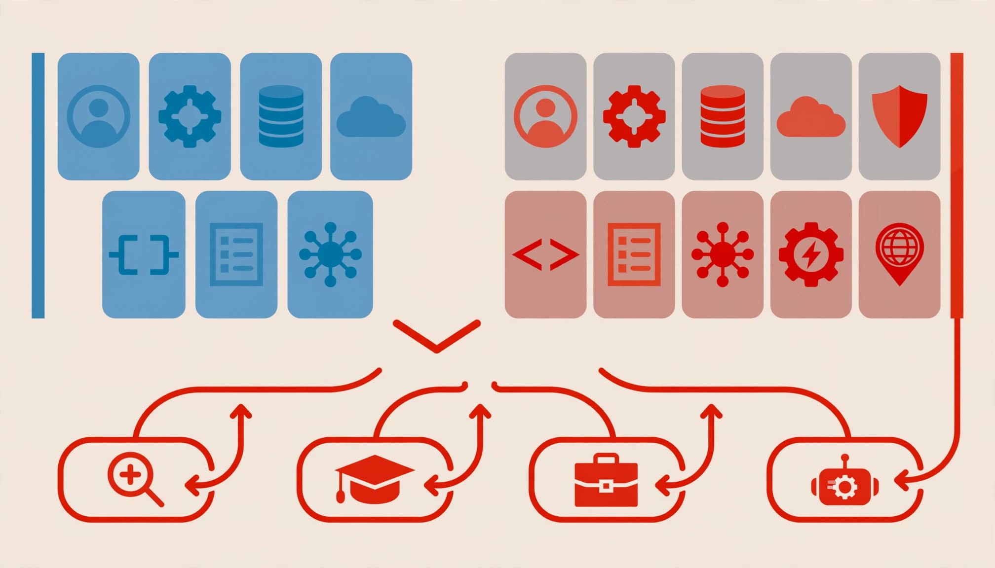 An abstract flat illustration representing workforce gap analysis with blue and red role-and-skill tiles.